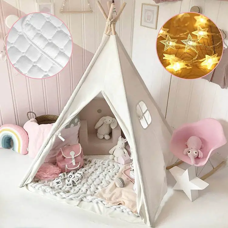 Tiny Land White Teepee Tent With Mat & Light String